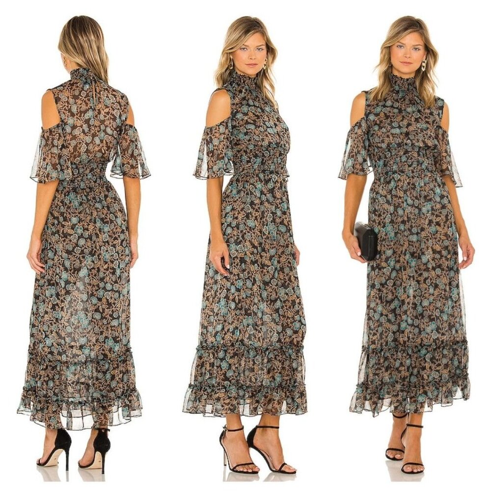 Misa Sz M Black Gold Leaf Floral Maxi Dress‎ Cold Shoulder Smocked Mock Neck